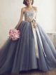 Princess Ball Gown Dusty Blue Tulle Prom Quinceanera Dress With Bow Sash White Lace