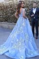 Princess Ball Gown Prom Party Dress Off The Shoulder Blue Organza White Lace