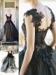 Princess Ball Gown Prom Party Dress Queen Anne Neckline Sheer Back Black Lace Tulle