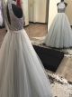 Princess Beaded Ball Gown Prom Evening Dress High Neck Keyhole In Back Grey Tulle