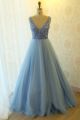 Princess Long Ball Gown Blue Lace Tulle Prom Party Dress With Keyhole In Back