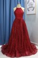 Princess Red Sequined Ball Gown Prom Quinceanera Dress Halter Sleeveless