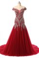 	 New Arrival Mermaid Sweetheart Cap Sleeve Crystal Beaded Red Tulle Prom Dress N