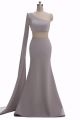 Mermaid One Shoulder Long Sleeve Grey Two Piece Prom Evening Dress