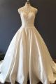 New Arrival Ball Gown High Neck Cap Sleeve Pearl Beaded Lace White Taffeta Wedding Dress With Buttons