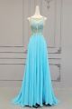 Romantic A Line Long Aqua Chiffon Crystal Beaded Prom Party Dress With Sheer Back