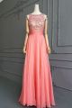Romantic A Line Sleeveless Sheer Back Long Coral Chiffon Crystal Beaded Prom Evening Dress