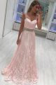 Romantic Long A Line Pink Lace Prom Party Dress Sweetheart With Rhinestones