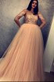 Romantic Long Ball Gown Prom Quinceanera Dress Scoop Half Sleeves Champagne Tulle Lace