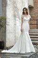 Romantic Long Mermaid Beaded Wedding Dress Off The Shoulder Short Sleeves Sheer Back