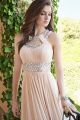 Romantic Long Peach A Line Prom Party Dress With Rhinestones Scoop Open Back