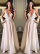 Romantic Pink Organza Prom Evening Dress Deep V Neck Spaghetti Straps Low Back White Lace