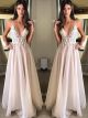 Romantic Pink Organza Prom Evening Dress Deep V Neck Spaghetti Straps Low Back White Lace