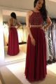 Romantic Two Pieces Red Chiffon Beaded Prom Evening Dress Scoop Low Back