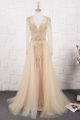 See Through A Line Champagne Tulle Beaded Prom Evening Dress V Neck Long Sleeves