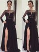 See Through A Line Prom Evening Dress Illusion Neckline Long Sleeves Side Slit Black Lace Chiffon
