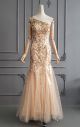 See Through Back Mermaid Long Peach Tulle One Shoulder Beaded Prom Evening Dress