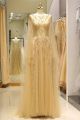 See Through Long A Line Gold Tulle Beaded Prom Evening Dress With Cape Open Back