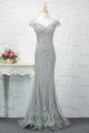 See Through Long Mermaid Grey Tulle Beaded Prom Evening Dress V Neck Cap Sleeves1