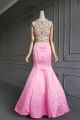 See Through Long Mermaid High Neck Open Back Pink Satin Rhinestones Beaded Prom Evening Dress