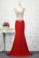 See Through Long Mermaid Red Jersey Beaded Prom Evening Dress V Neck Cap Sleeves