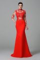 See Through Long Red Mermaid Prom Evening Dress High Neck Long Sleeves With Appliques