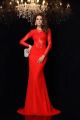 See Through Mermaid Prom Party Dress High Neck Long Sleeves Red Lace