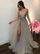 Sexy Deep V Neck Low Back Long Silver Tulle Beaded Prom Dress With Slit