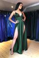 Sexy Long A Line Dark Green Prom Evening Dress With Slits Spaghetti Straps Backless