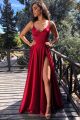 Sexy Long A Line Red Prom Evening Dress V Neck Side Slit With Straps