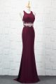 Sexy Long Mermaid Burgundy Jersey Beaded Prom Party Dress Scoop Sheer Back