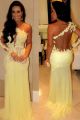 Sexy Long Mermaid Prom Evening Dress One Shoulder Long Sleeve Light Yellow Chiffon Lace