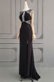 Sexy Long Sheath Black Jersey Beaded Prom Evening Dress With Slit Sheer Back