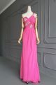 Sexy Long Sheath One Shoulder Hot Pink Chiffon Beaded Prom Evening Dress With Cutouts