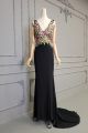 Sexy Mermaid Long Black Jersey Beaded Floral Prom Evening Dress V Neck Open Back