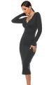 Sexy Office Lady V Neck Long Sleeve Slim Fit Tea Length Black Causal Dresses With Buttons