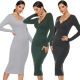 Sexy Office Lady V Neck Long Sleeve Slim Fit Tea Length Green Causal Dresses With Buttons