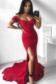 Sexy Red Mermaid Prom Party Dress Off The Shoulder Short Sleeves With Slit Court Train