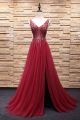 Sexy See Through A Line Long Red Tulle Beaded Prom Evening Dress Open Back With Slit