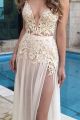 Sexy See Through Long A Line Prom Party Dress Plunging Neckline Side Slit Ivory Lace Chiffon