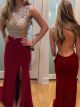 Sexy See Through Long Colum Beaded Prom Party Dress With Slit Boat Neckline Open Back