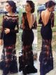 Sexy See Through Long Mermaid Prom Party Dress Open Back Long Sleeves Black Lace