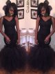 Sexy Sequined Mermaid Prom Evening Dress Spaghetti Straps Black Tulle Ruffles