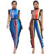 Sexy Striped Beach Summer Woman Clothing High Neck Jumpsuit With Ruffles
