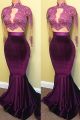Sexy Two Pieces Mermaid Prom Evening Dress High Neckline Long Sleeves Beaded Lace Purple Velvet