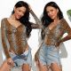Sexy V Neck Long Sleeve Bodysuit Lepord Printted Rompers Women Casual One-piece Jumpsuit