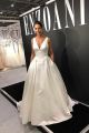 Simple Ball Gown V Neck Open Back Ivory Satin Wedding Dress With Bow