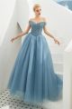 Sparkly Beaded Ball Gown Prom Quinceanera Dress Off The Shoulder Corset Dusty Blue Tulle 