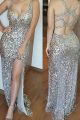 Sparkly Champagne Sheath Sequined Prom Party Dress Deep V Neck Side Slit With Cutouts