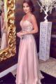 Sparkly Crystal Beaded Long A Line Pink Prom Evening Dress V Neck Sleeveless
